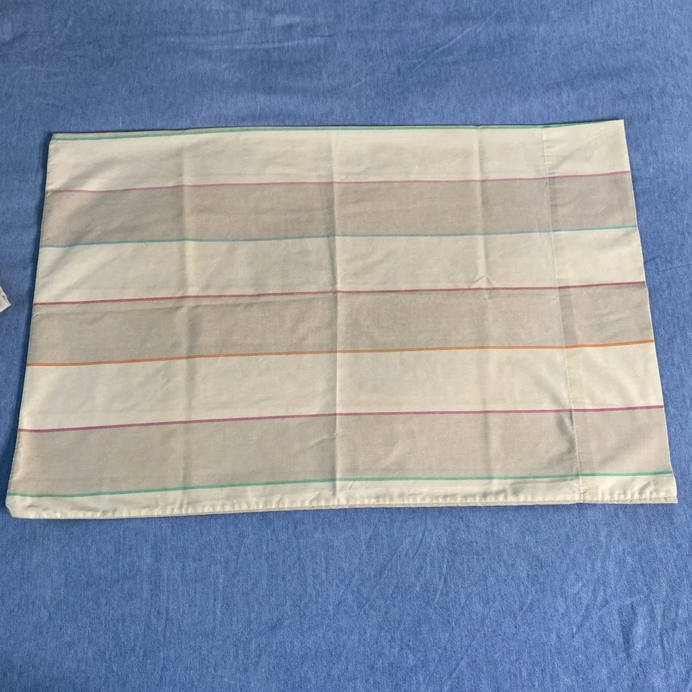 VTG TWIN Atelier Martex Pillowcase & Sheets Percale ~ Beige Tan w Pastel Stripes